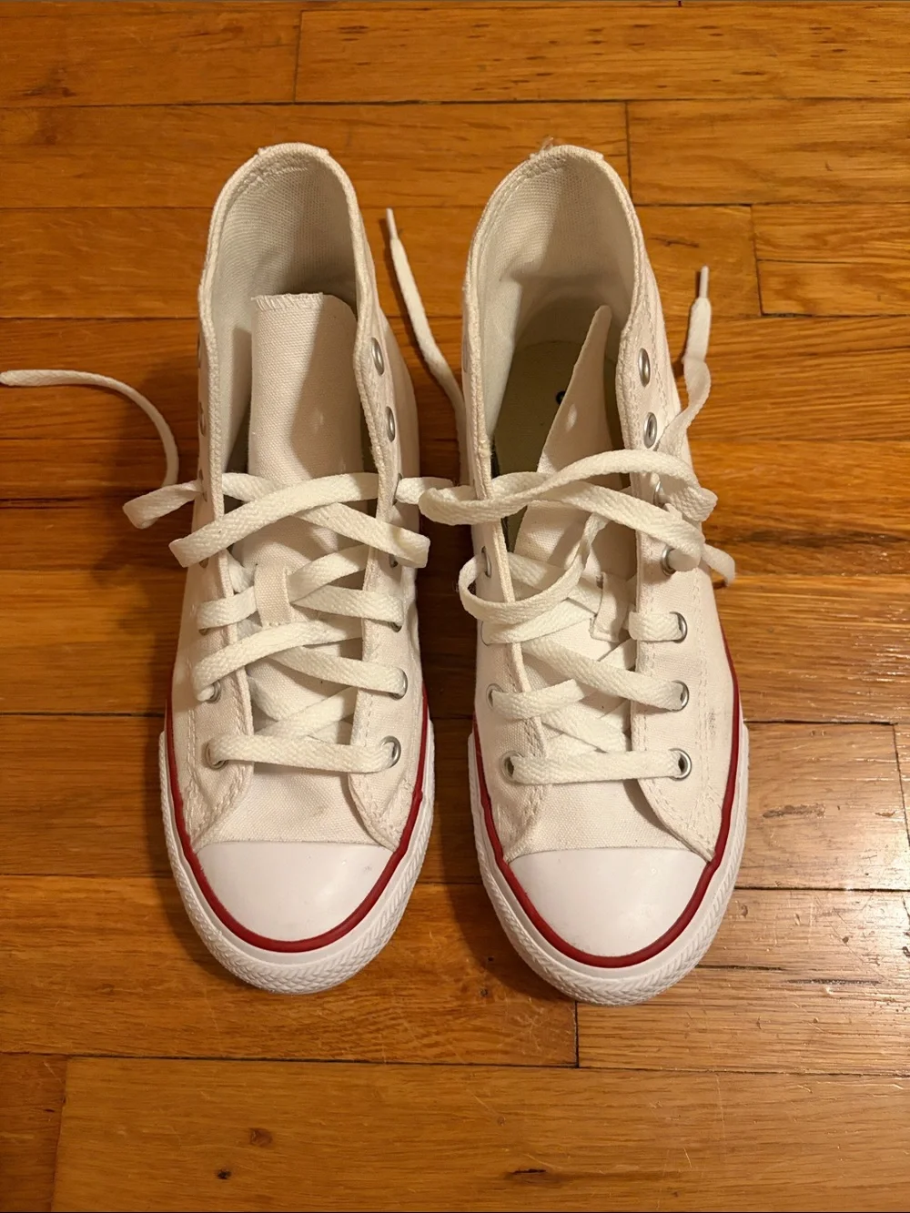 Kids White High-Top Canvas Sneakers with Red & Blue Stripe